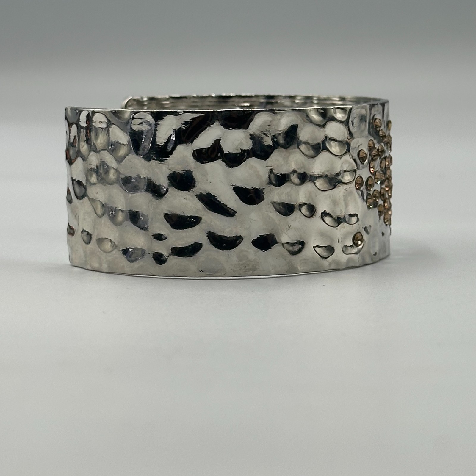 Cuff Bracelet Silver Tone Hammered Metal Brown Rhinestone Cluster