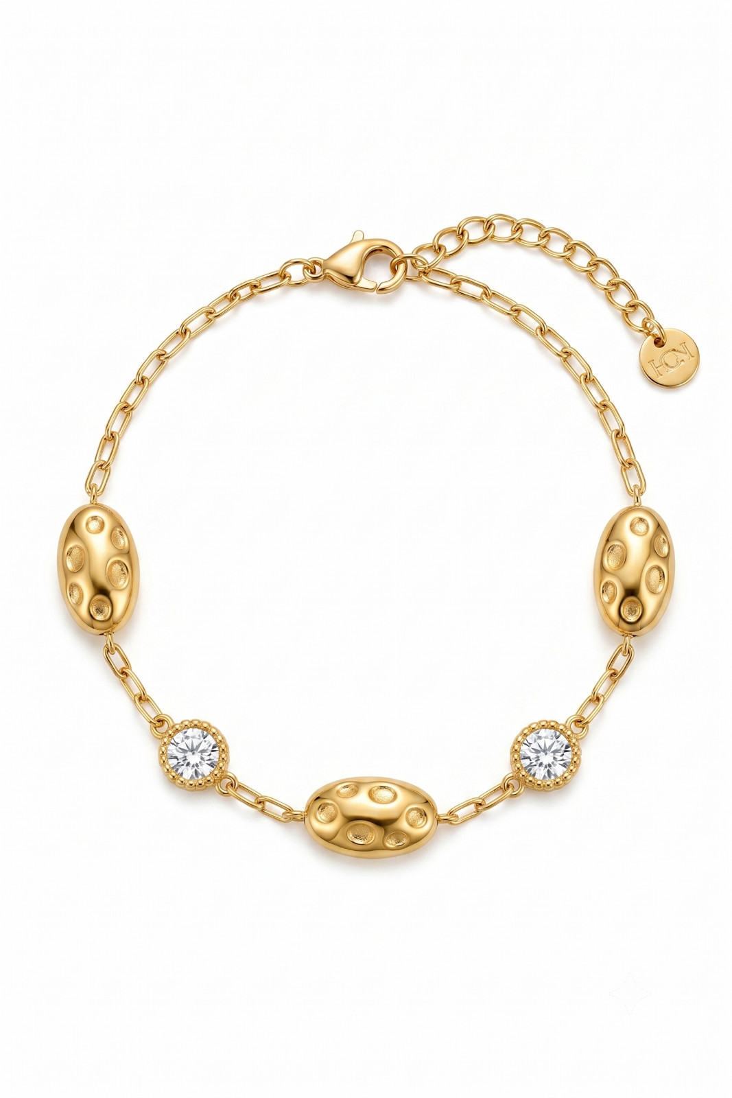 18K Gold Plated Stainless Steel Textured Oval Bean CZ Charm Link Chain Bracelet