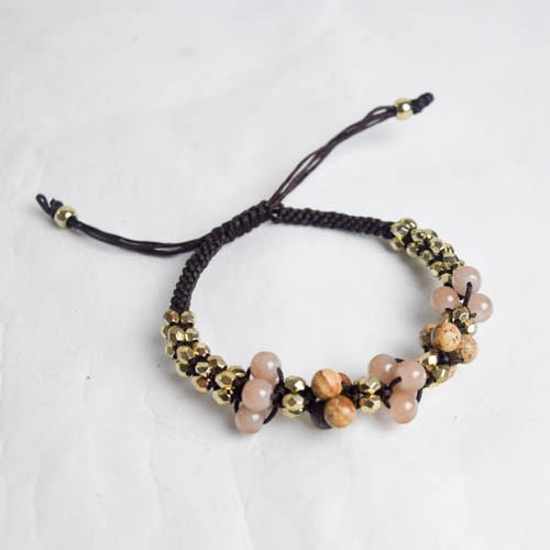 Boho Pale Pink Tan Stones Gold Beads Cluster Bracelet Adjustable Brown Pull Cord