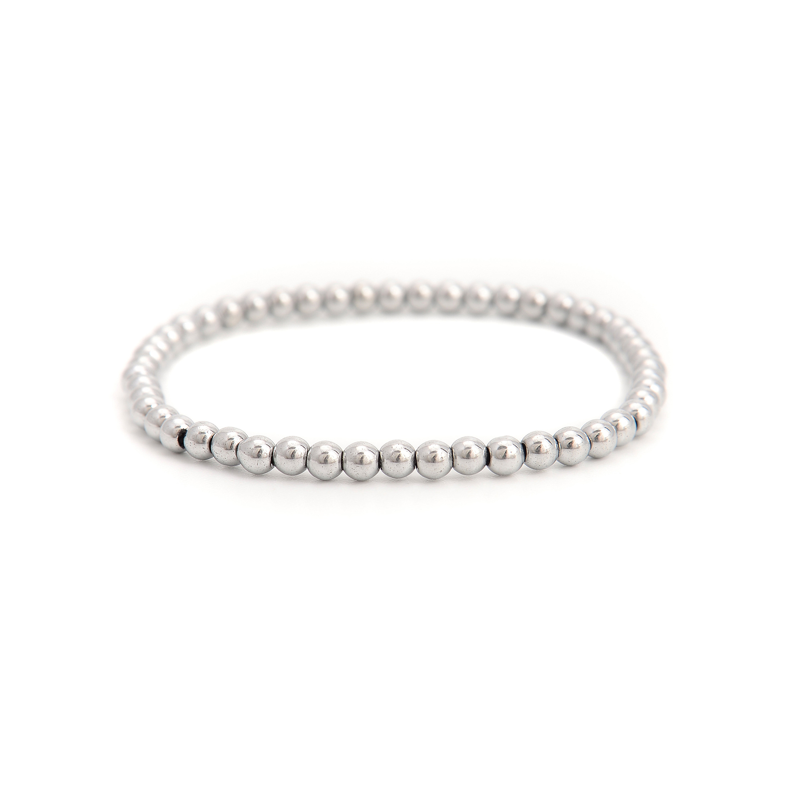 Silver Plated Hematite Smooth Round Beaded Bracelet 4mm 7.5” Length 3 PCS/ Set