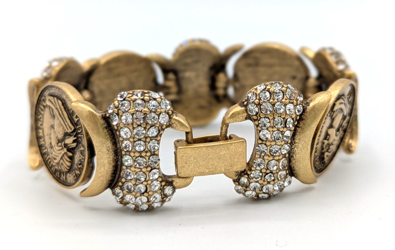 Greek Roman Emperor Faux Coin Bracelet Antique Gold Tone panel link Rhinestone
