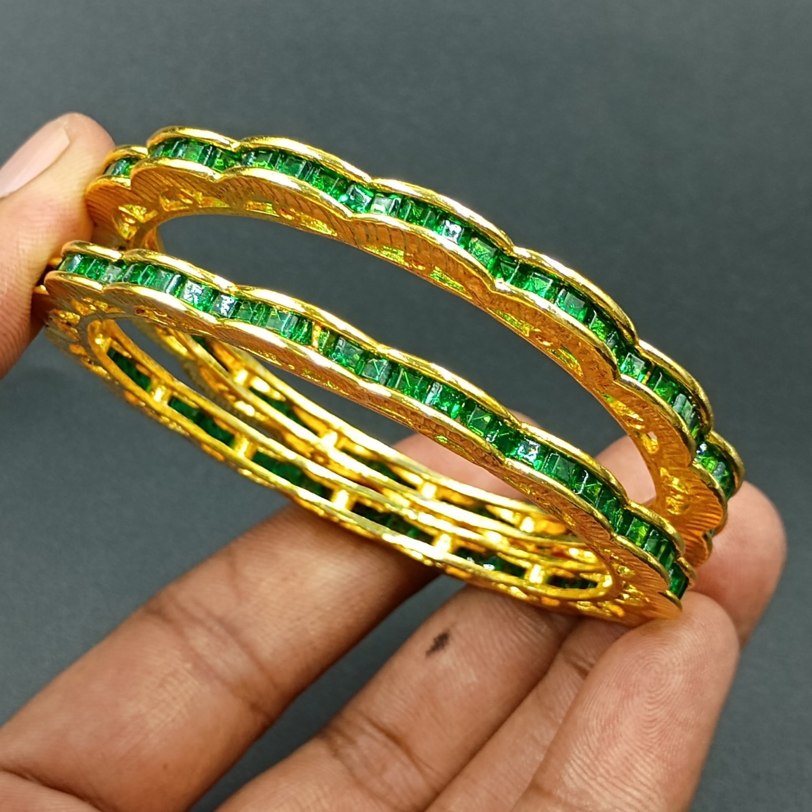 Handcrafted 22K Gold Over Brass Emerald Bangles Set Women Vintage Style Bracelet
