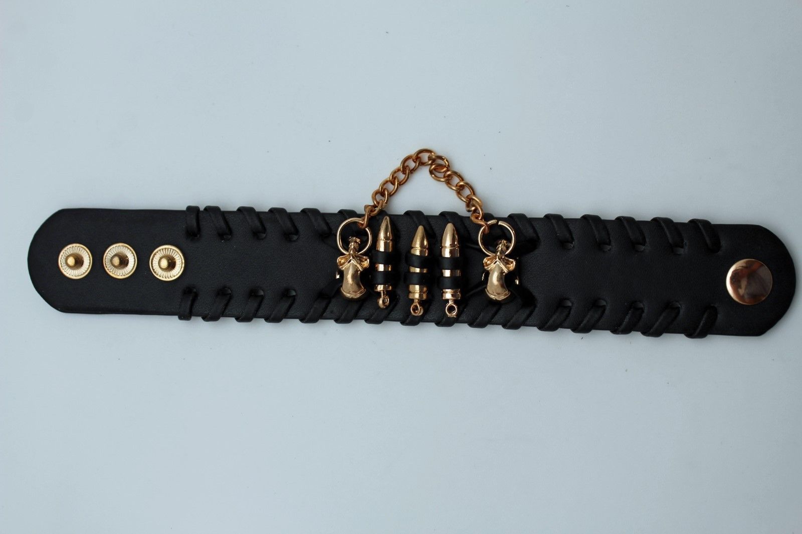 Women Black Faux Leather Bracelet Fashion Gold Metal Chain Mini Skull Bullet Gun