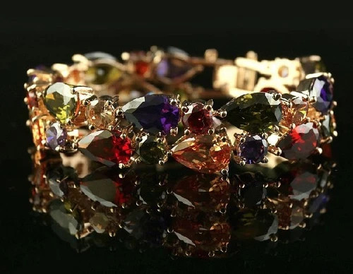 18k Gold Filled Multicolor Gemstone Tennis Bracelet Elegant Women Jewelry Gift
