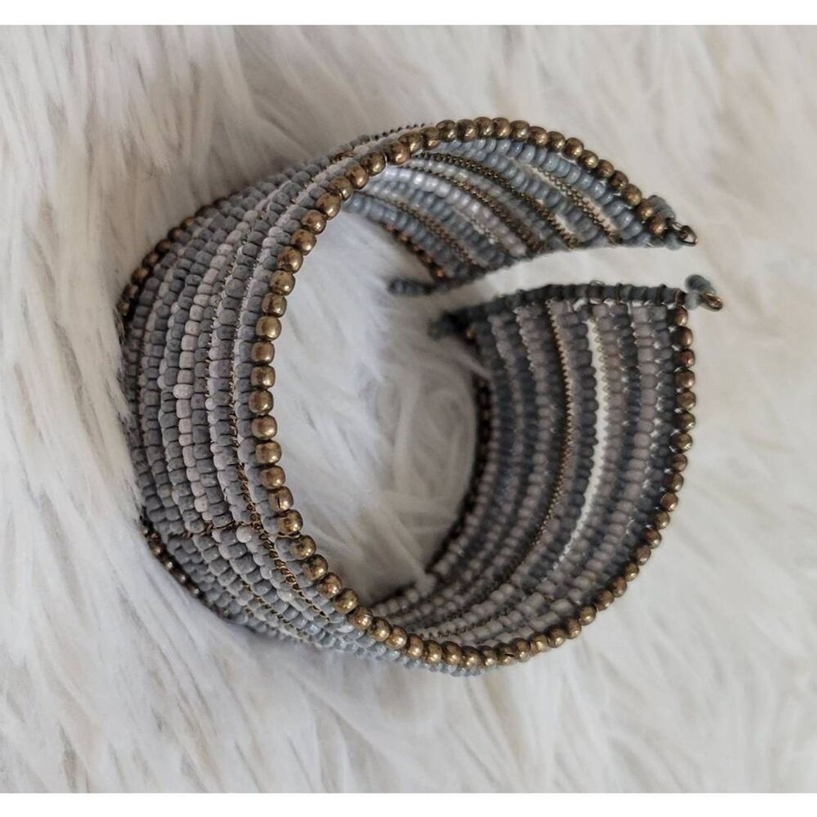 Beaded Cuff Bracelet Adjustable Sizing Blue Gold
