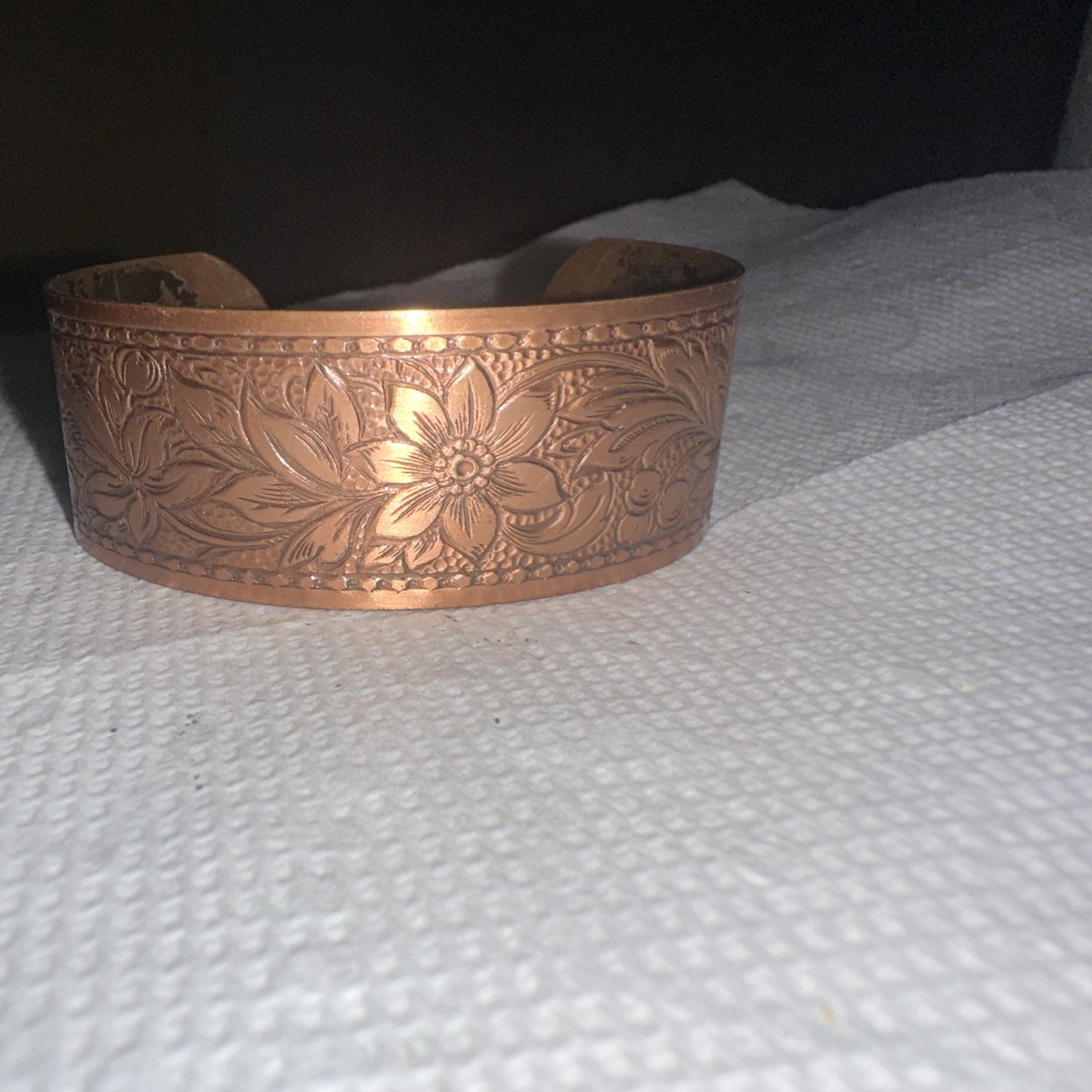 Copper Engraved Floral Cuff Bracelet Wide Band Metal No Stone Flowers Theme