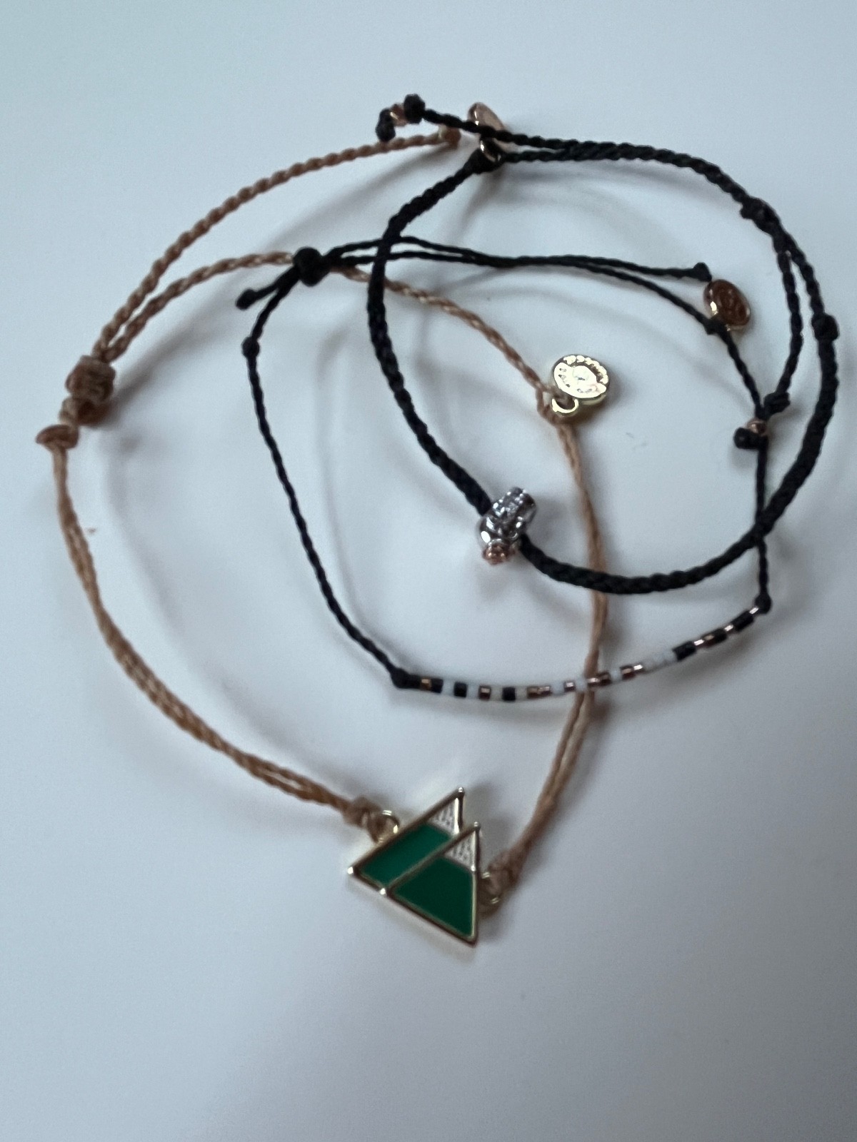Lot of Puravida Thin Black Cord w Tiny Beads Skull or Tan w Green Enamel Mountai
