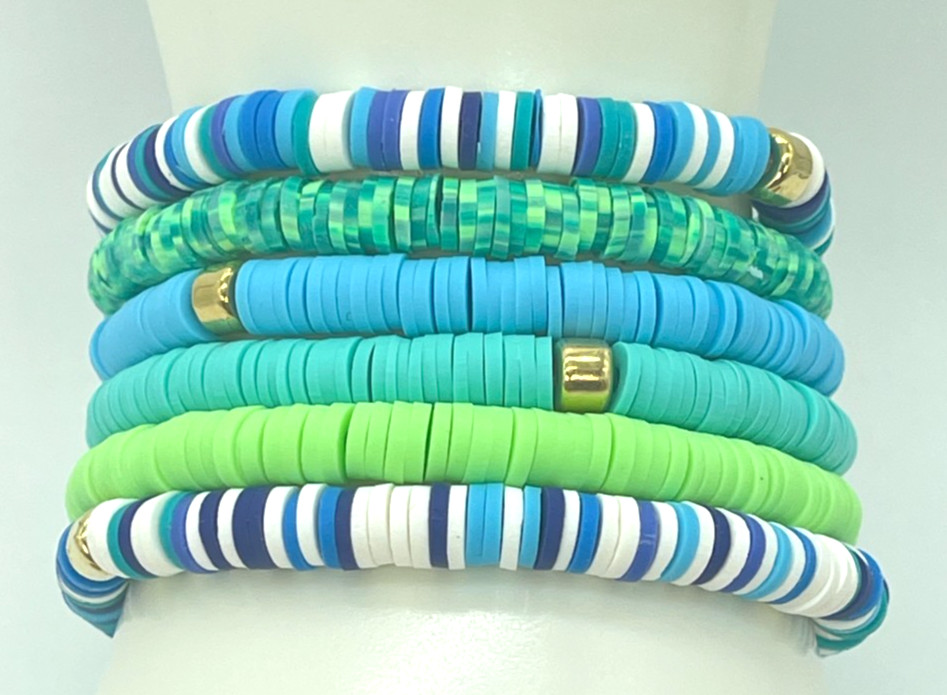 Bracelets 6 Blue & Green Coordinating Stretch Rubber Silicone Bracelets 8 Inches