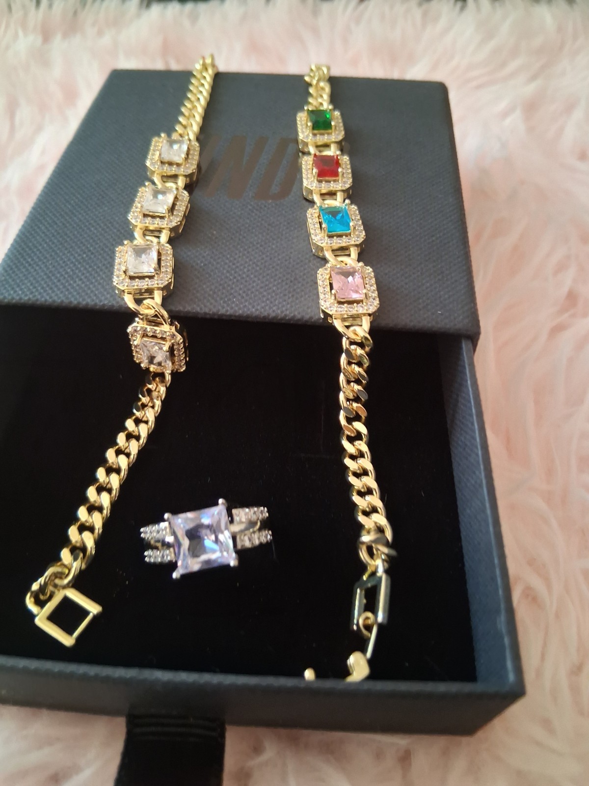 Gold Tone Chain Link Bracelet with Square Multicolor Crystal Stones