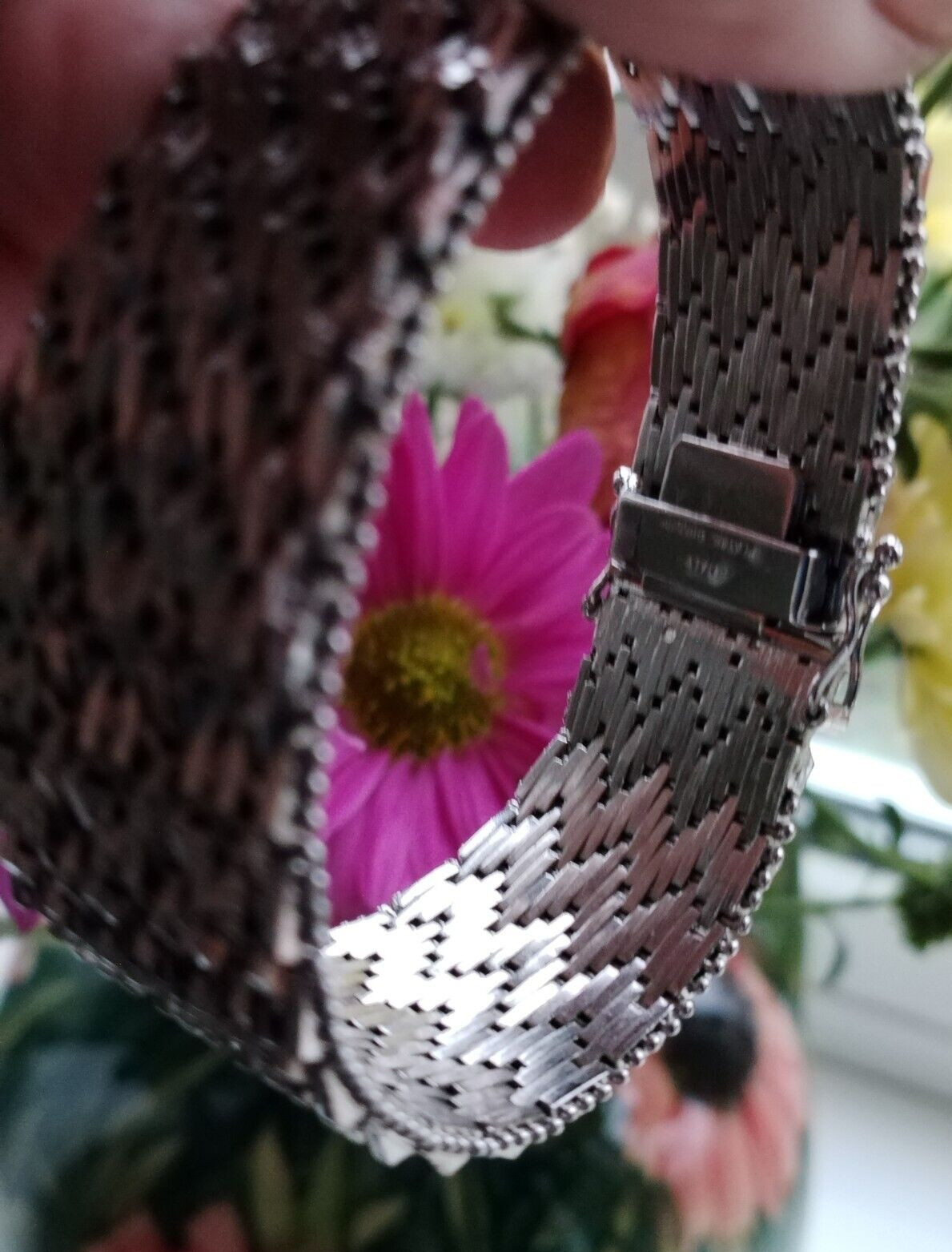 Italian Rhodium Plated Basket Weave Style Bracelet With Tongue & Grove Clasp