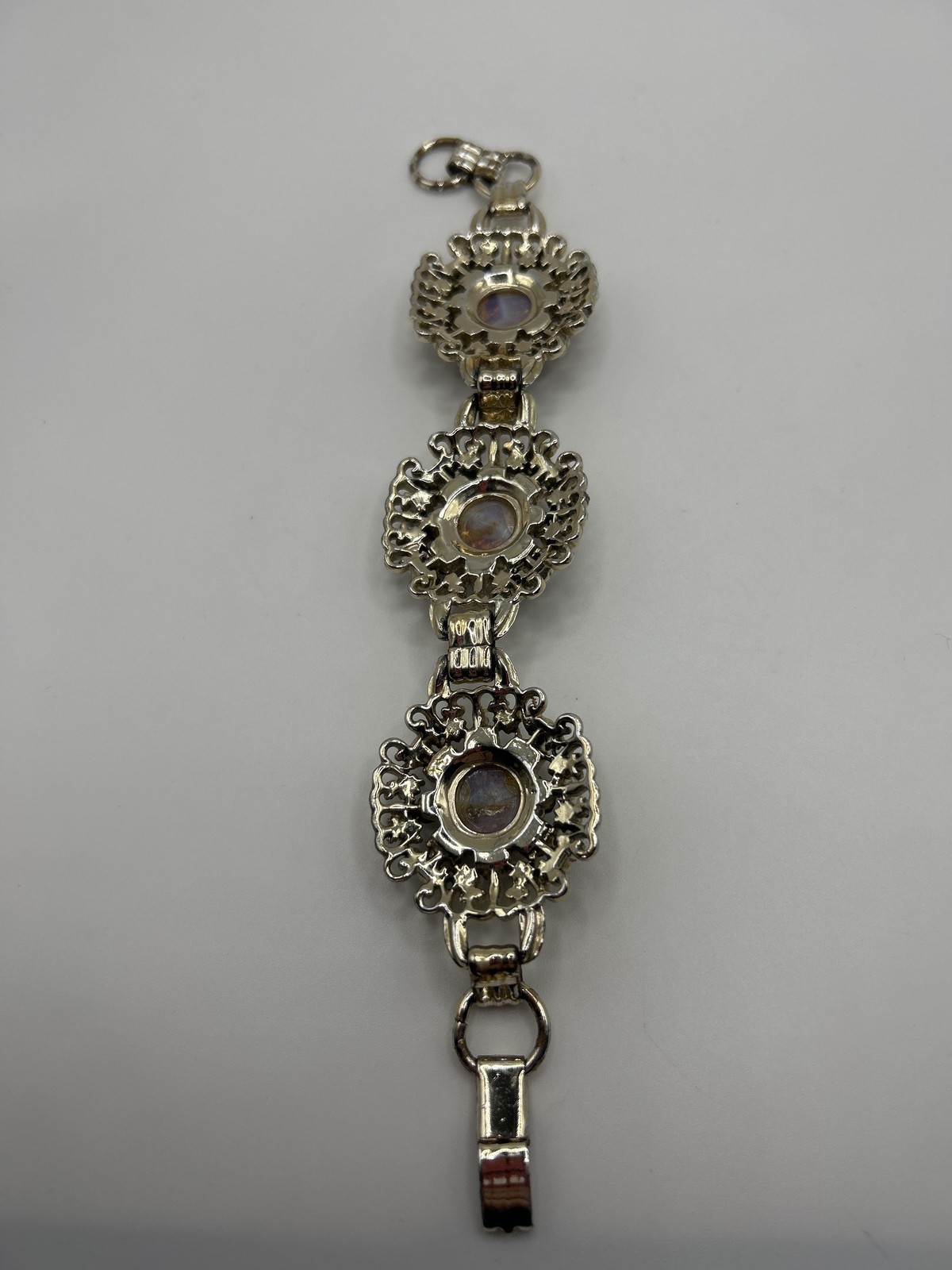 Vintage Silver Tone Beaded Bracelet Purple Cabochon Rhinestone Links Womens