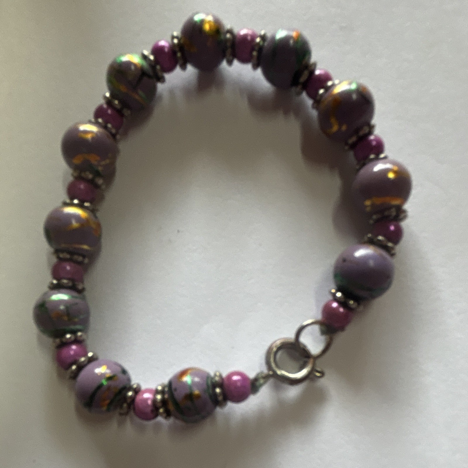 Purple Glass Round Bead Bracelet, Ball/Bead Chain, Spring Ring Clasp, 8 in
