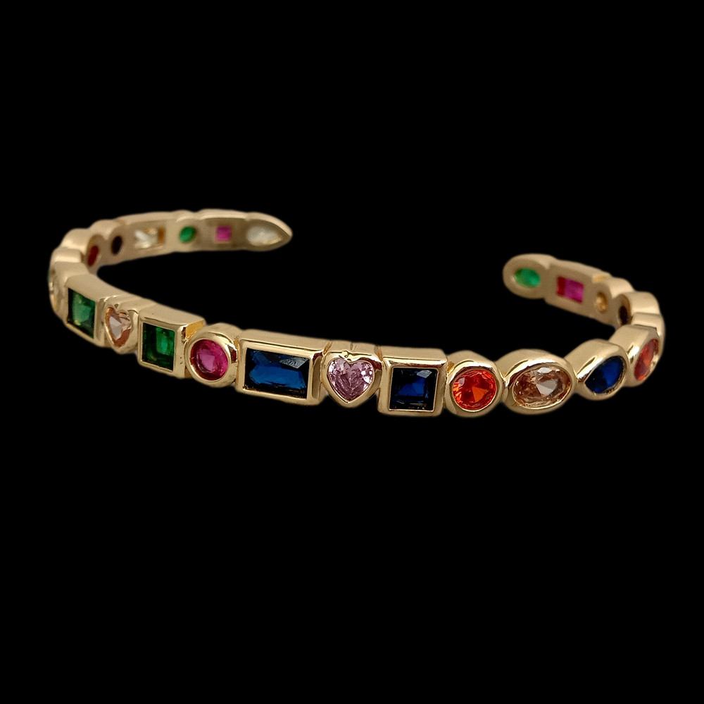 Rainbow Rectangle Cubic Zirconia Yellow Gold Color Fashion Women Bangle Bracelet
