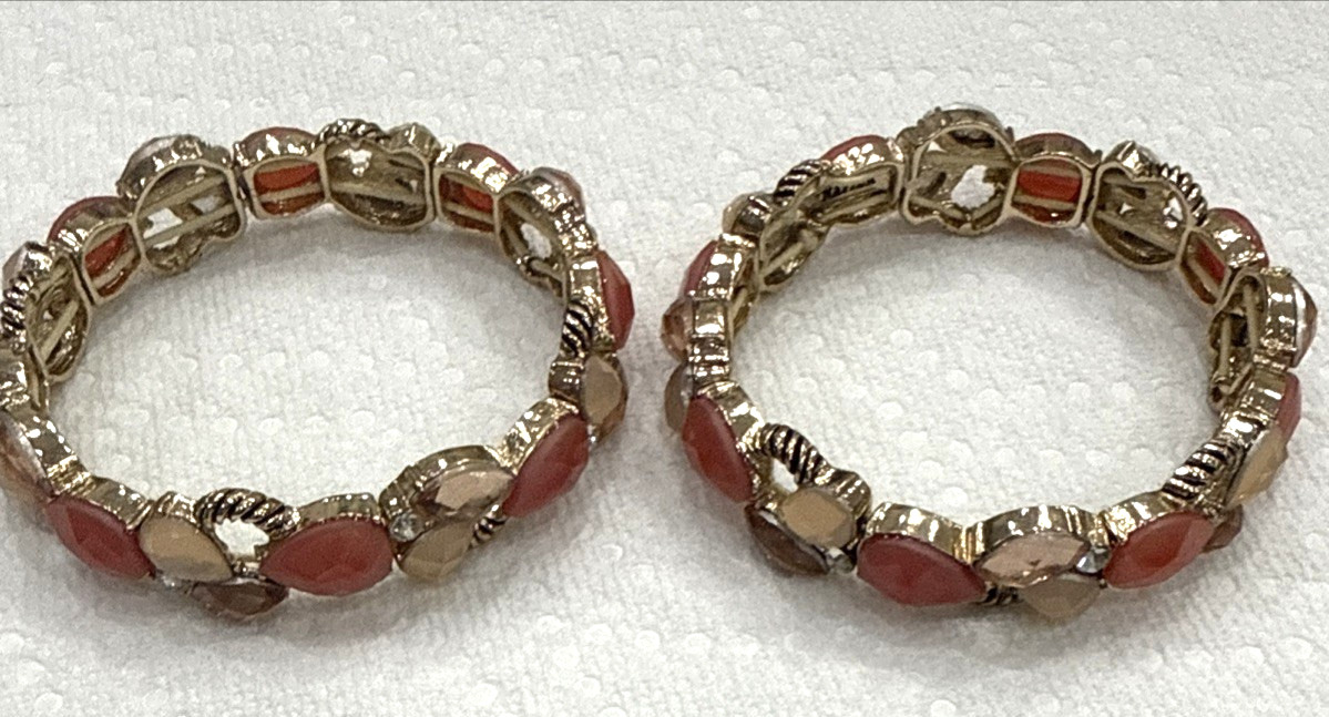 2-Napier Orange Coral Cabochon Gold Tone Tennis Stretch Bracelets Signed VTG 7″