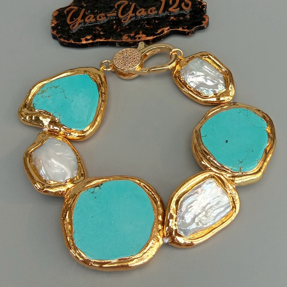Cultured White Rectangle Keshi Pearl Blue Turquoise Gold Plated Edge Bracelet 9″