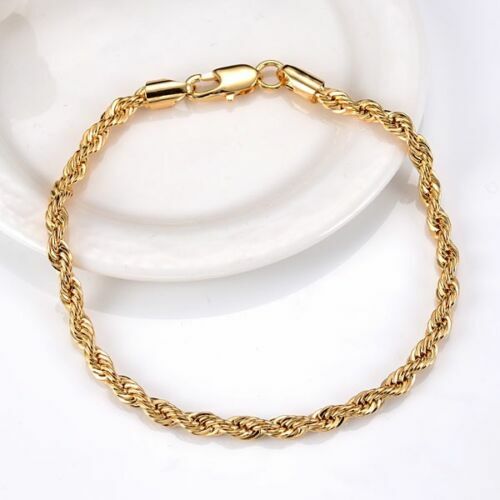 Pretty New Yellow Gold Tone Stainless Steel Twisted Rope 8″ Link Chain Bracelet