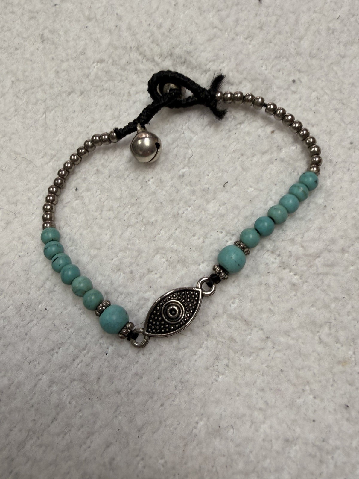 Boho Silver Evil Eye Turquoise Beaded Bracelet Adjustable Bell Cord Amulet