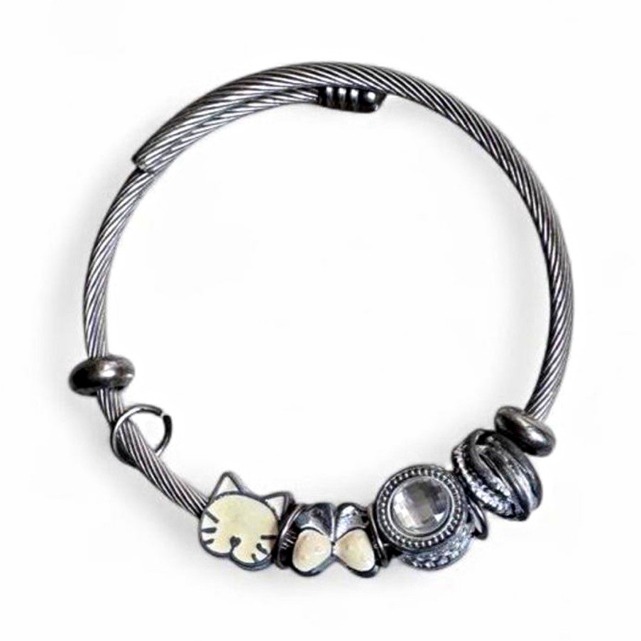 Silver-Tone Cable Bangle Charm Bracelet, Enamel Cat Face Bow Beads, Slide