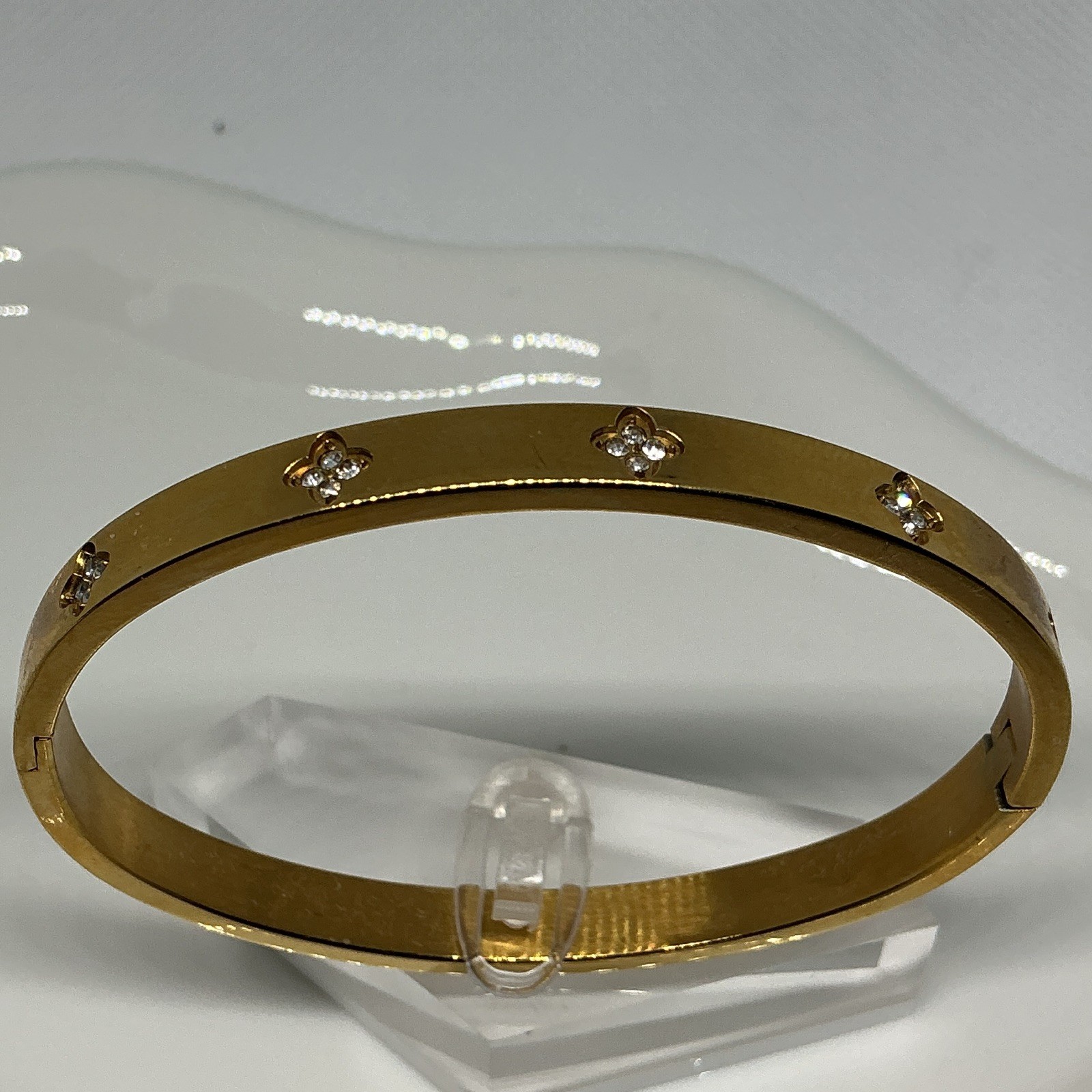 Gold Tone Bangle Bracelet, Clear Round Crystal Accents, White/Colorless