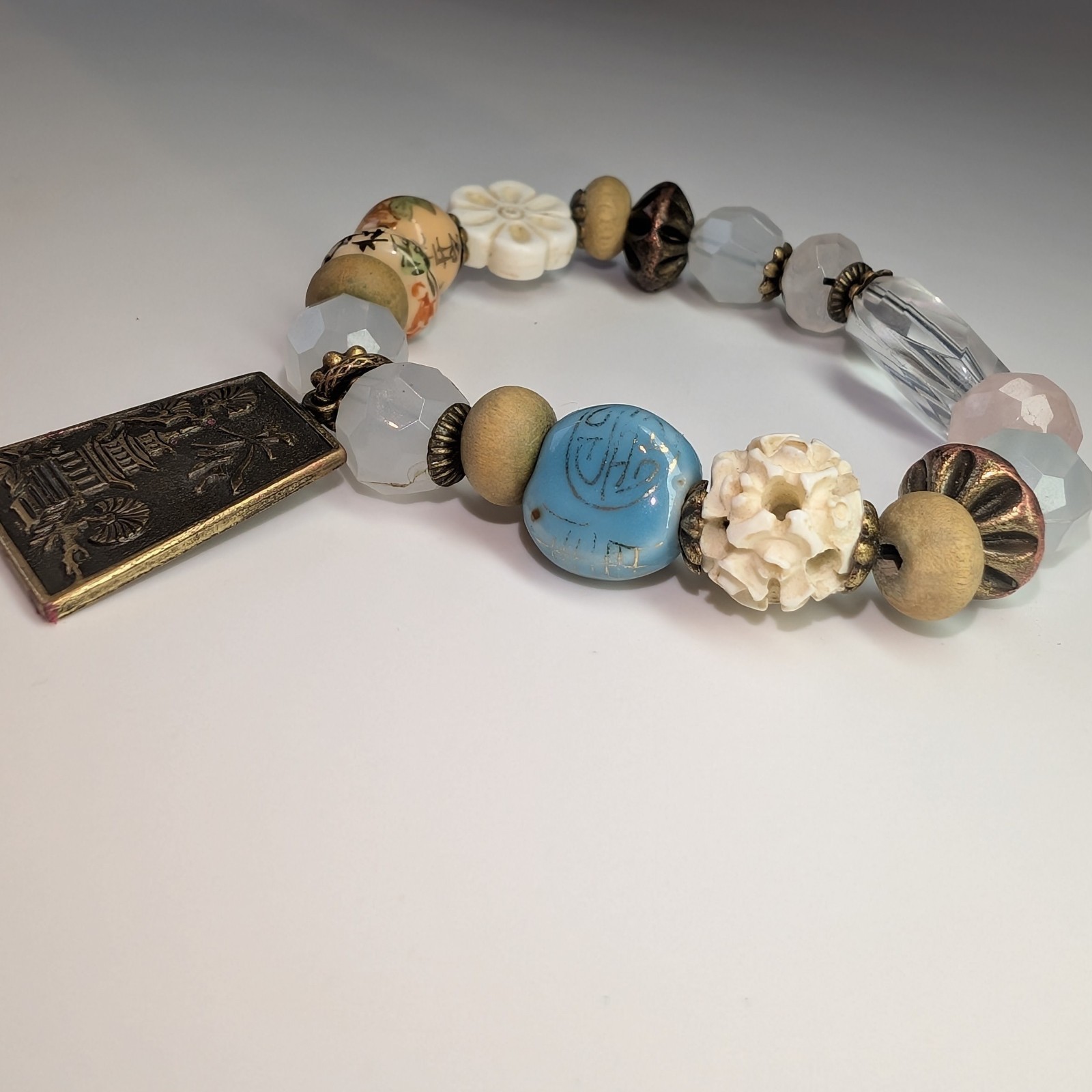 Mixed Bead Asian Pagoda Charm Bracelet, Boho Stretch Rose Quartz & Wood Beads