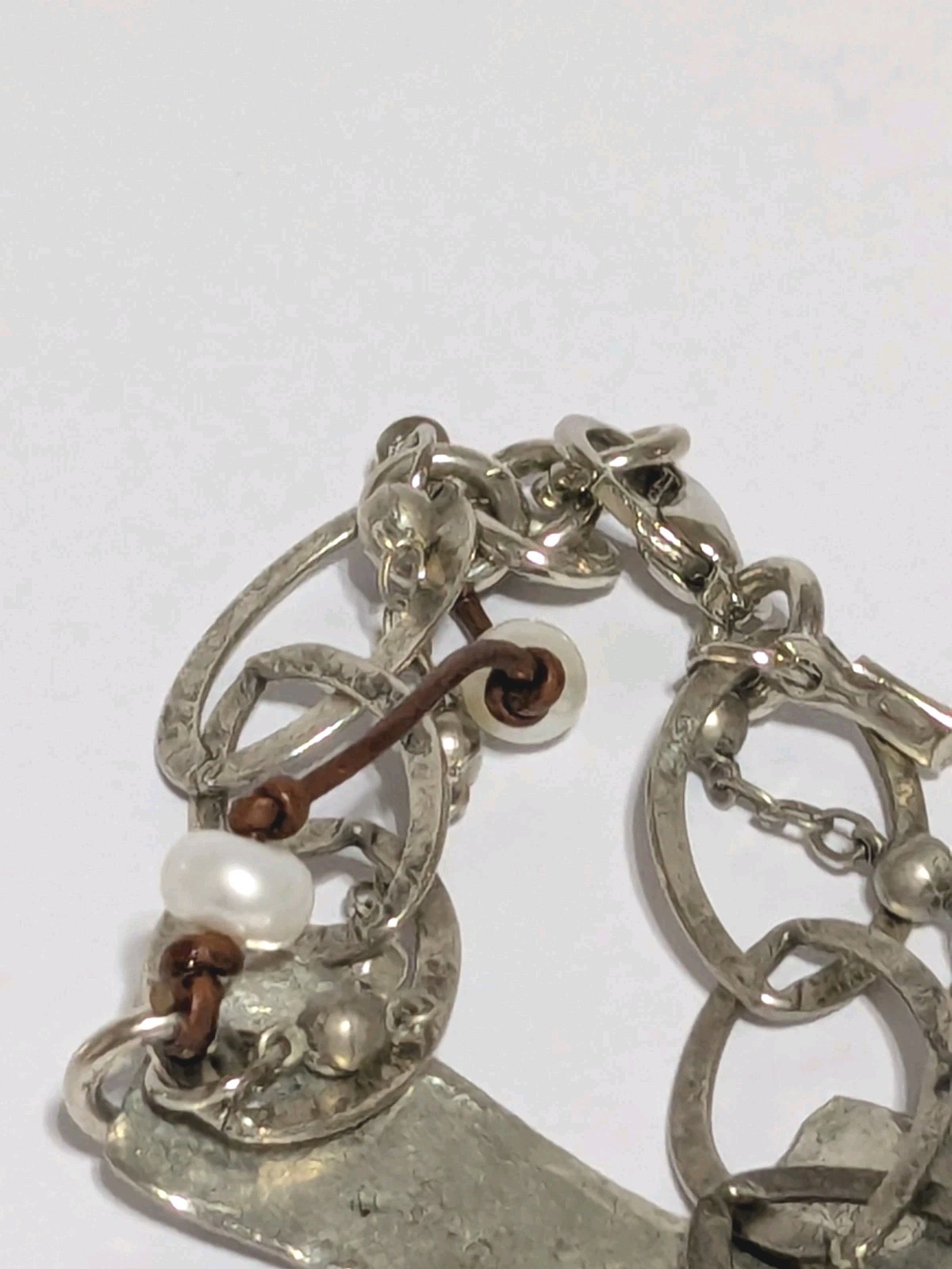 Silver Tone Hammered Sideways Cross Bracelet With Faux Leather/Pearls 6 1/2″