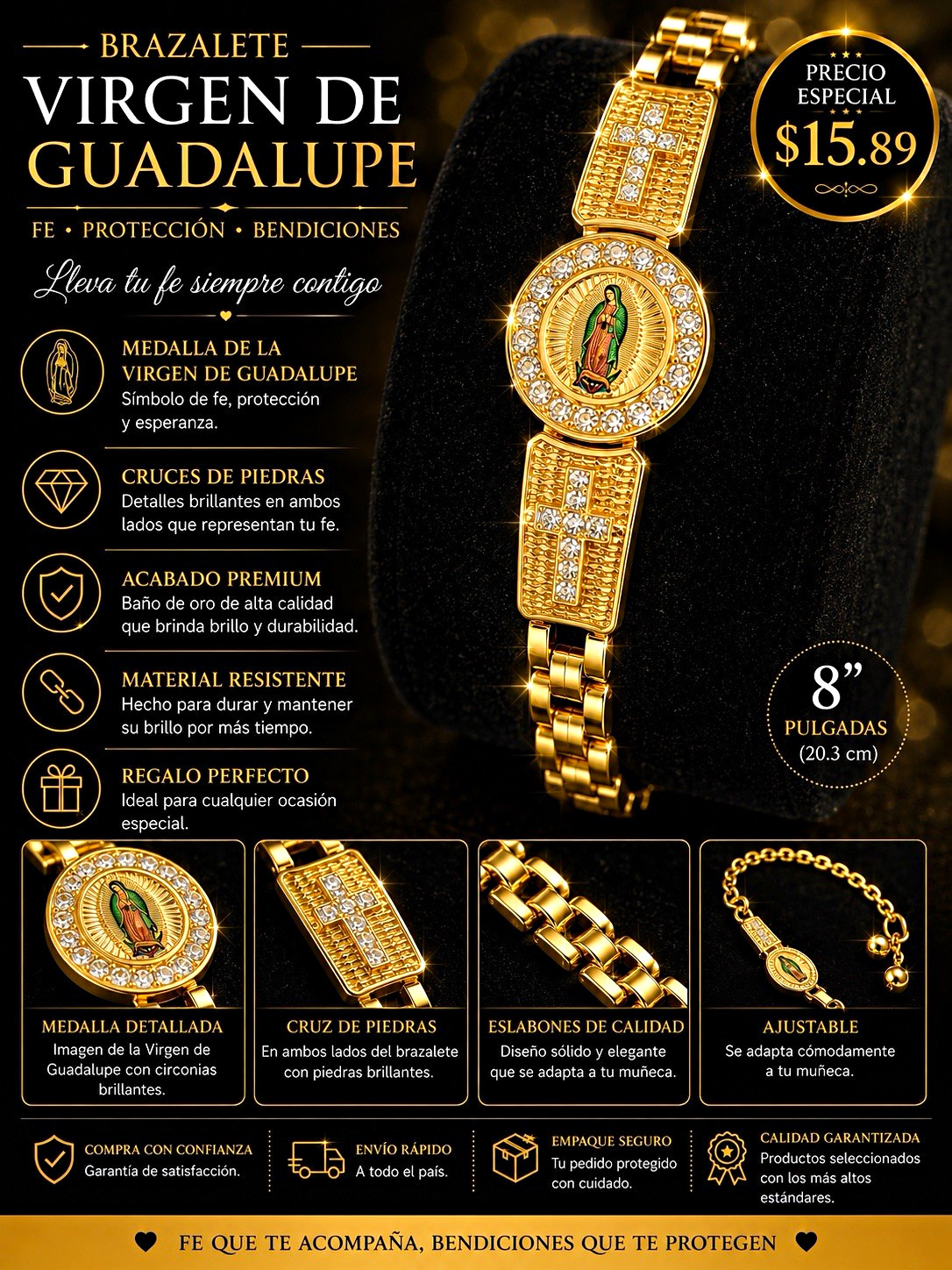 Gold Plated Adjustable Link Charm Bracelet Virgin of Guadalupe Clear CZ 8 in