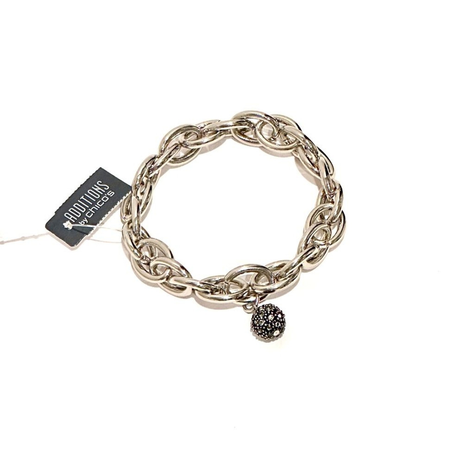 CHICO’s | Silver Large Round Link Bracelet with Pave Ball Charm | NWT | Classic