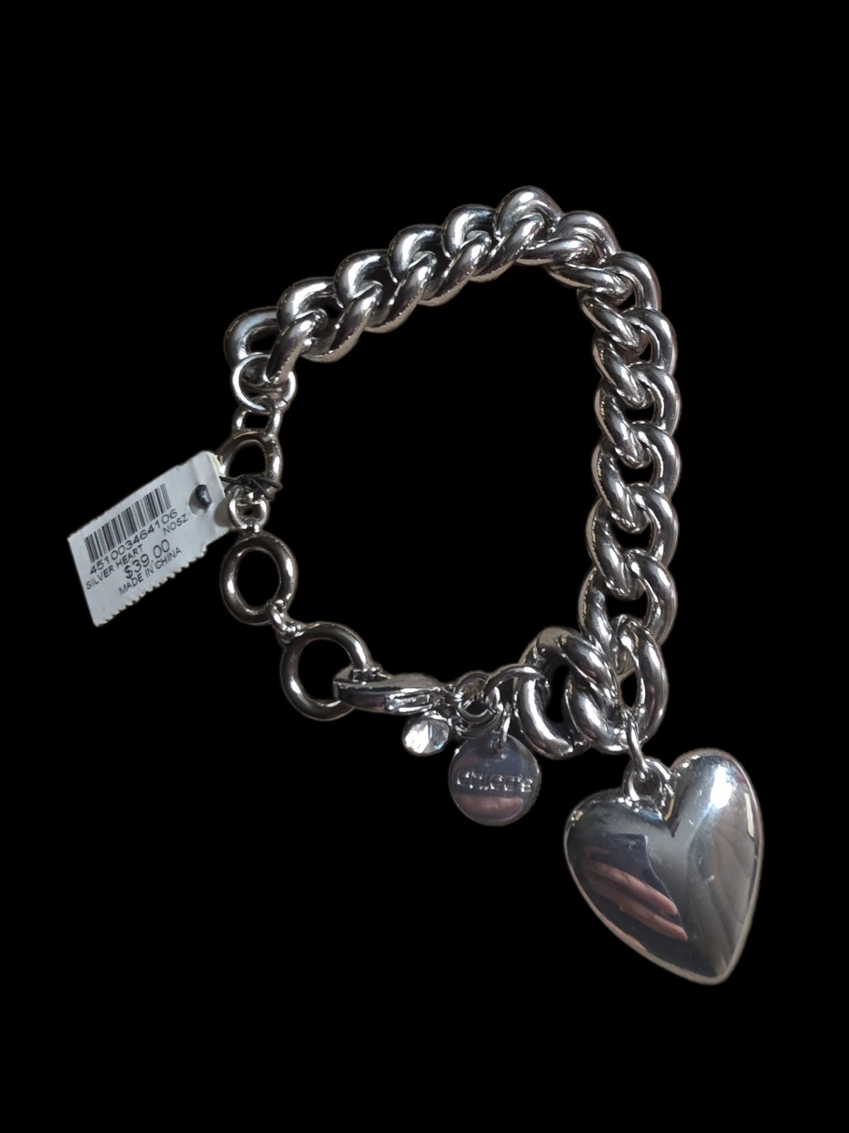 Chico’s Silvertone Bold Heart Charm Bracelet NWT $39
