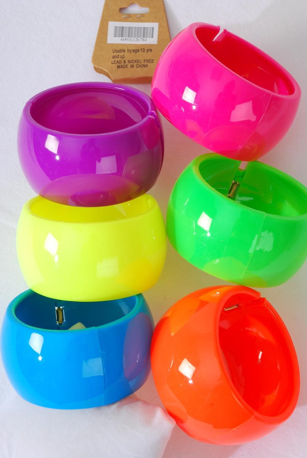 6 Bangle Bracelets NEON Set Hinged Bright Colors Cuffs Shiny Happy Acrylic