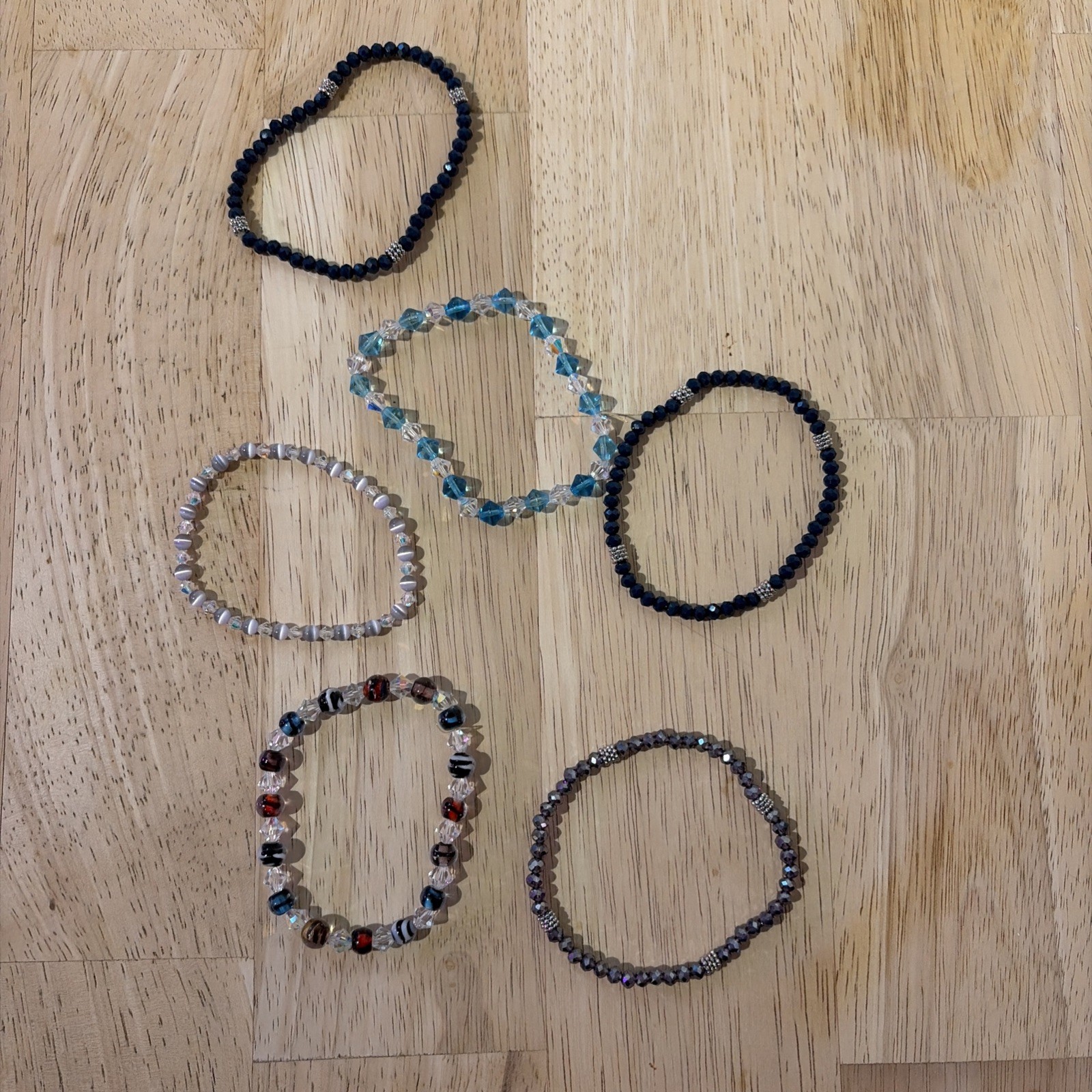 Beaded Stretch Bracelets Set of 6 multiple colors and hues. Elastic shimmery