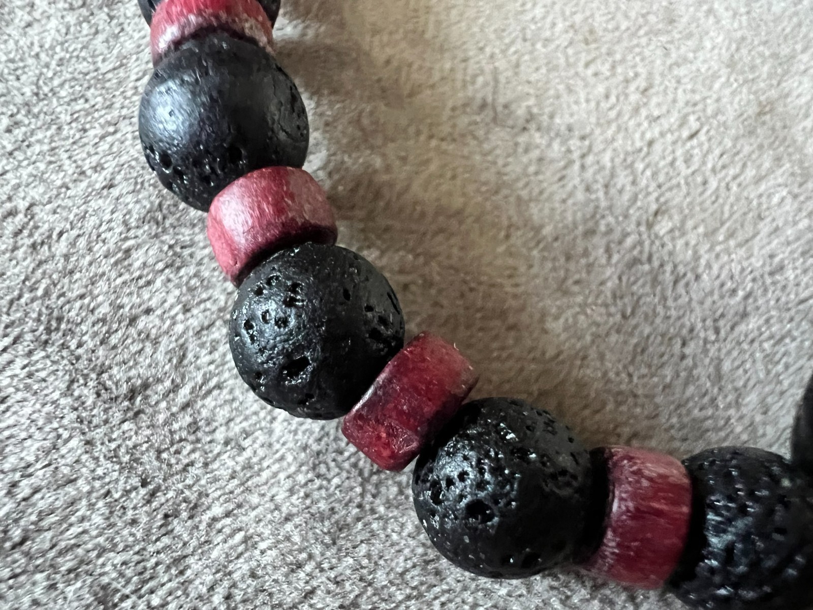 handmade elastic unisex unique vulcan stone beads & red wood accent bracelet