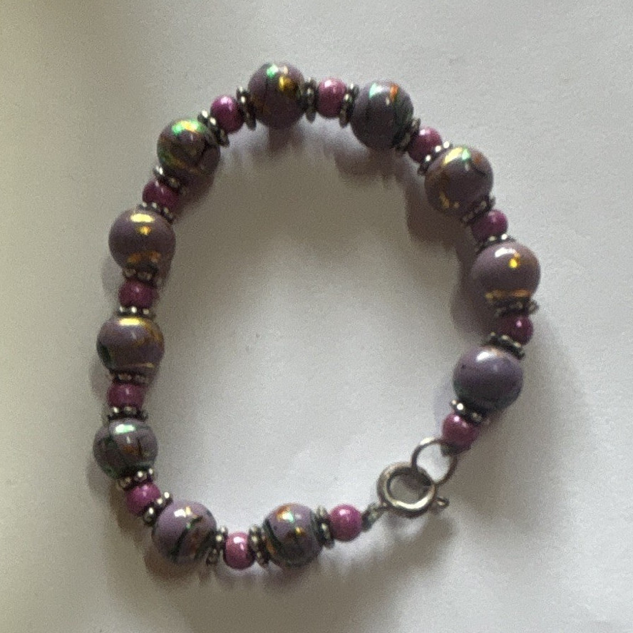 Purple Glass Round Bead Bracelet, Ball/Bead Chain, Spring Ring Clasp, 8 in
