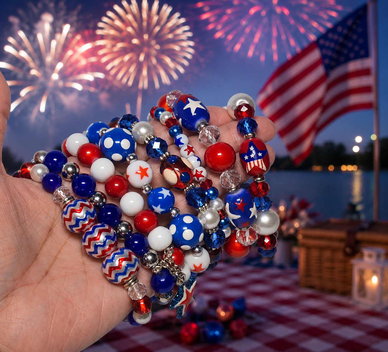 July 4th Patriotic Beaded Bracelets Red White Blue USA Star Charm Stretch 6 pc