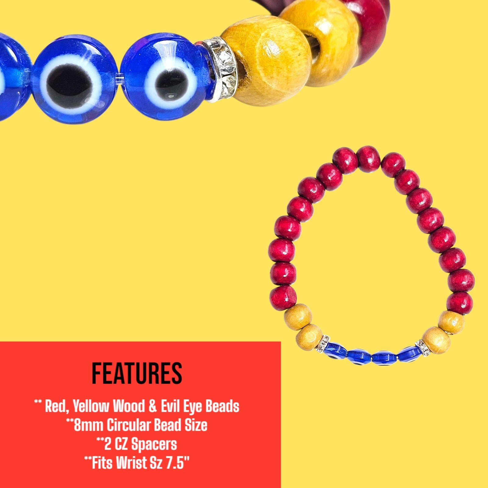 Red, Yellow Wood & Blue Evil Eye Beaded Design 8mm Bracelet Wrist Sz 7.5