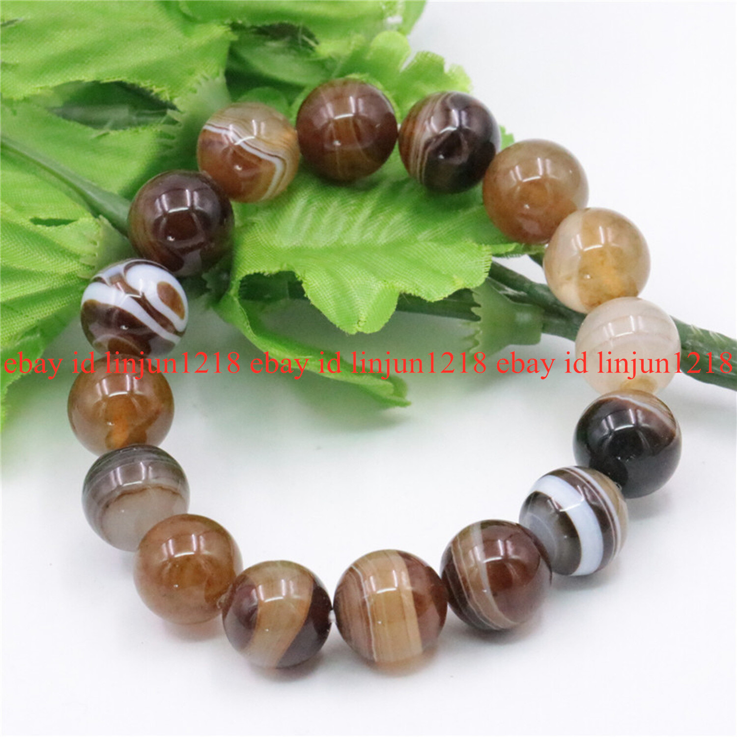 Natural 6/8/10/12mm Brown Striped Agate Round Beads Stretch Bracelet 7.5″