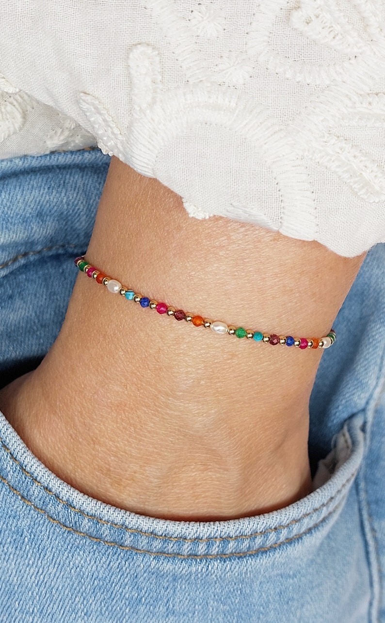 2-3MM Natural Multi Mix Faceted Round Gemstone Gold Filled Beads Bracelets 6-8”
