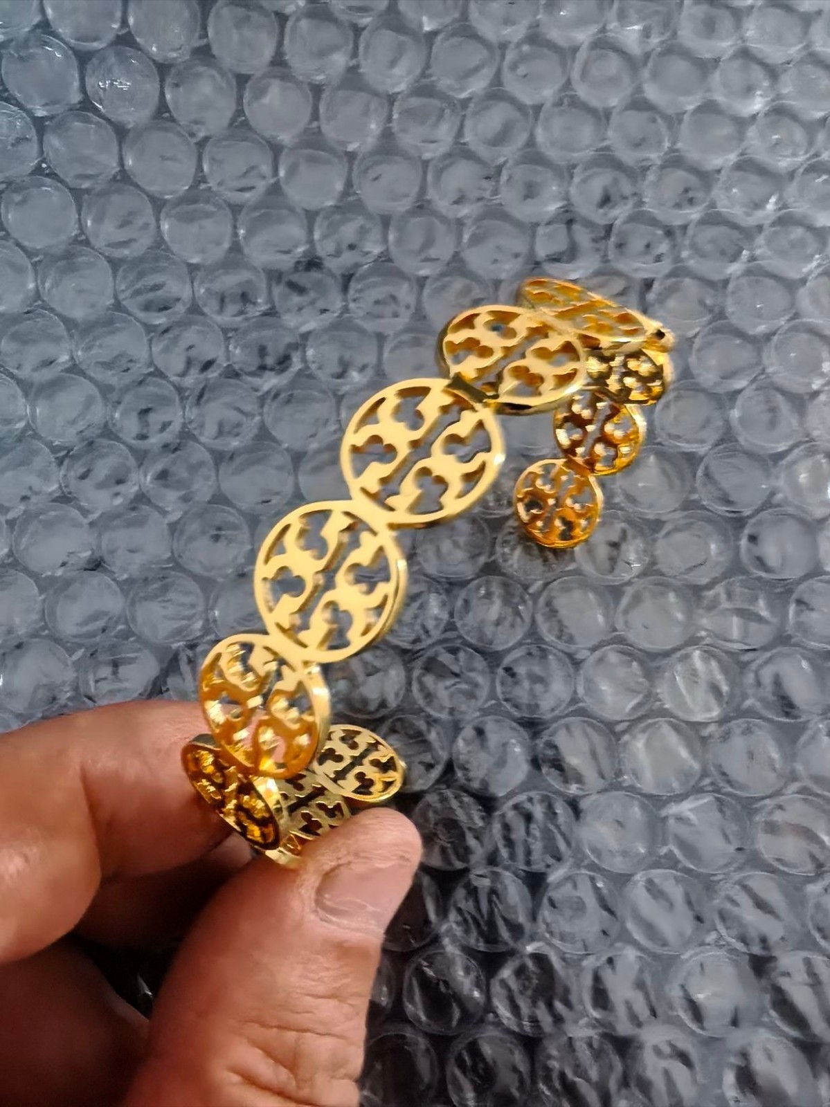 Tory Burch Hollowed-Out TB Logo Bracelet in Gold-Tone