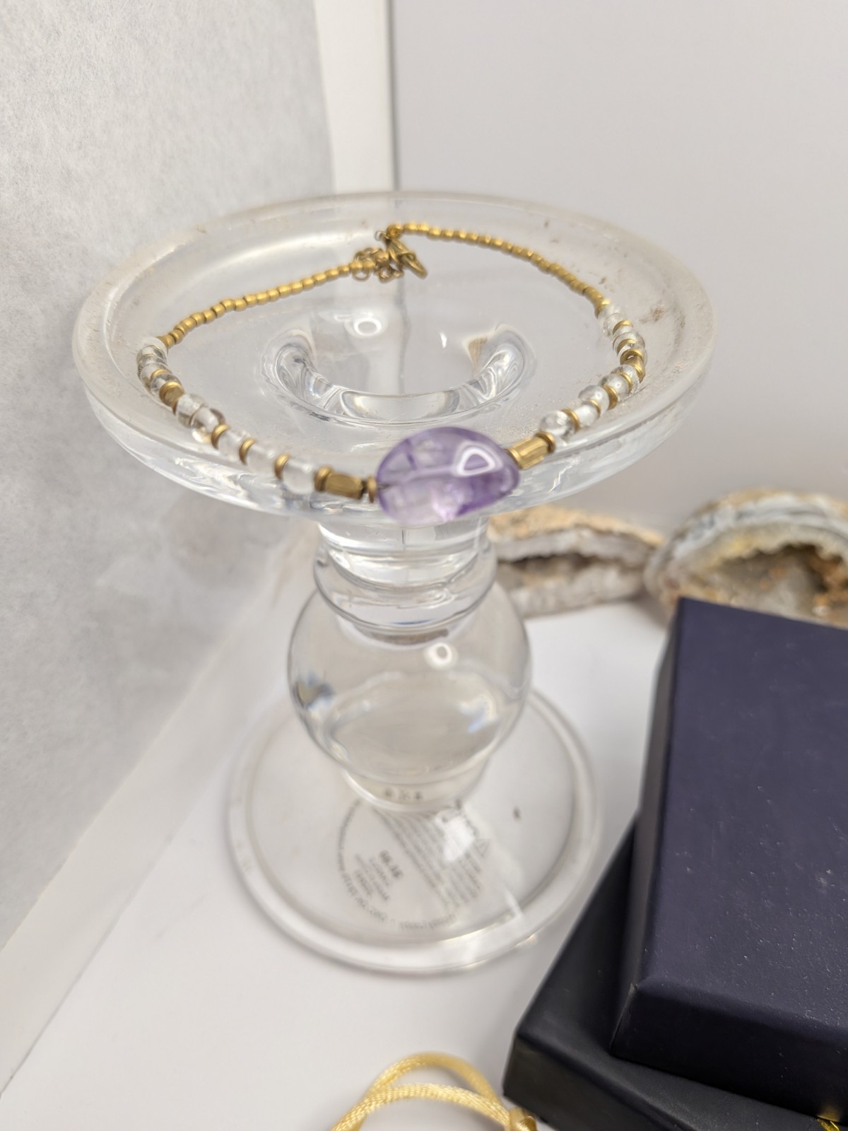 Gold Tone Beaded Bracelet w/ Round Purple Amethyst Center Bead, Spring Ring