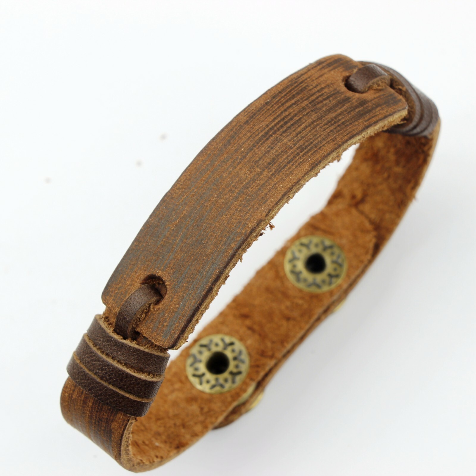Fashion MEN / Women Engrave Bar Brown Genuine Leather Bracelet Bangle 7-8″