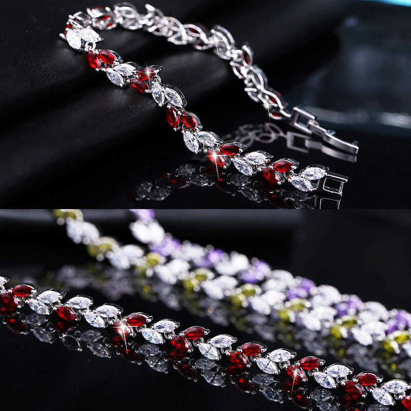 Fashion Silver Plated Marquise Cubic Zirconia Leaf Tennis Bracelet Women Jewelry