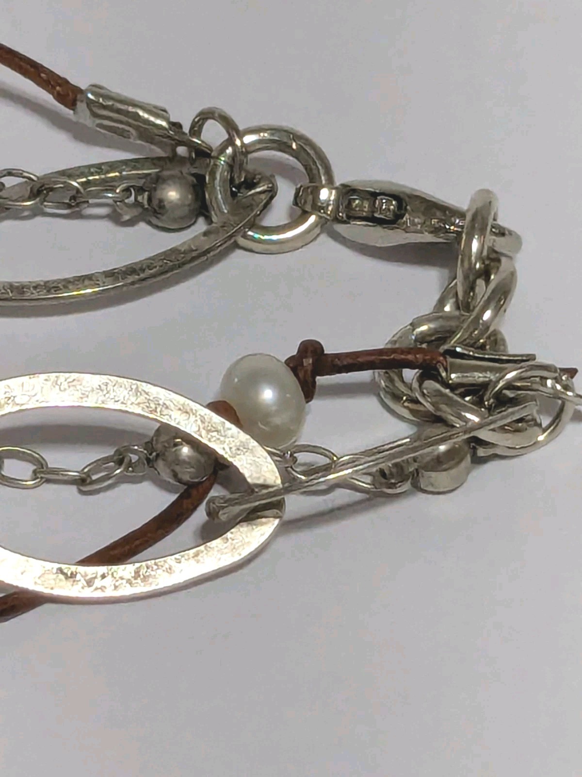 Silver Tone Hammered Sideways Cross Bracelet With Faux Leather/Pearls 6 1/2″