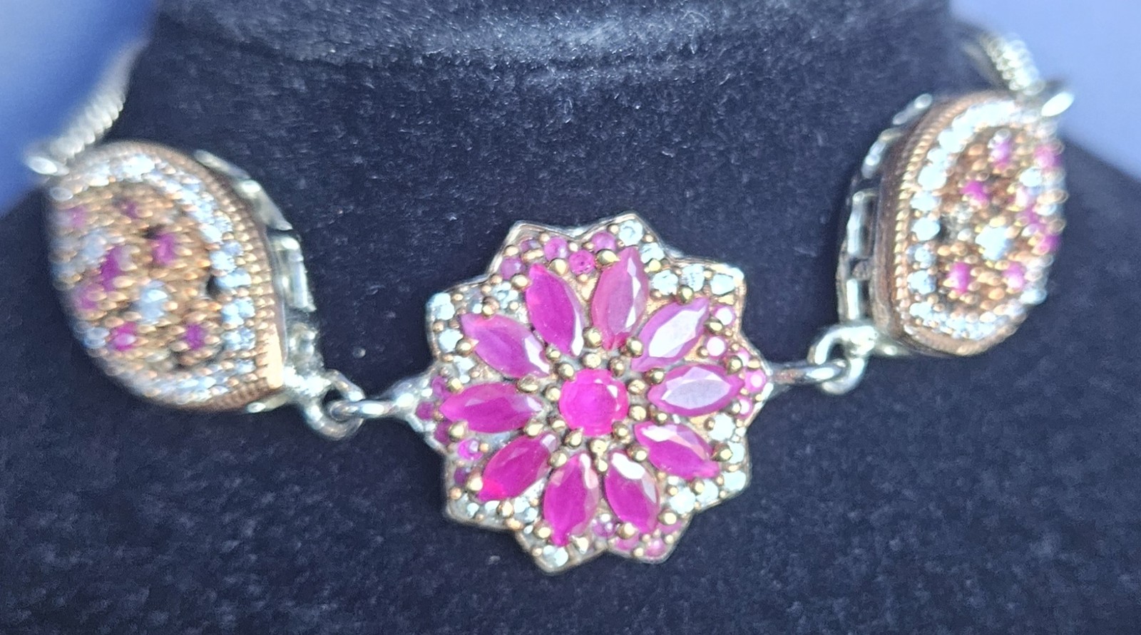 Turkish Style lab created Ruby & CZ Silver Tone Statement Bracelet 8″ Used