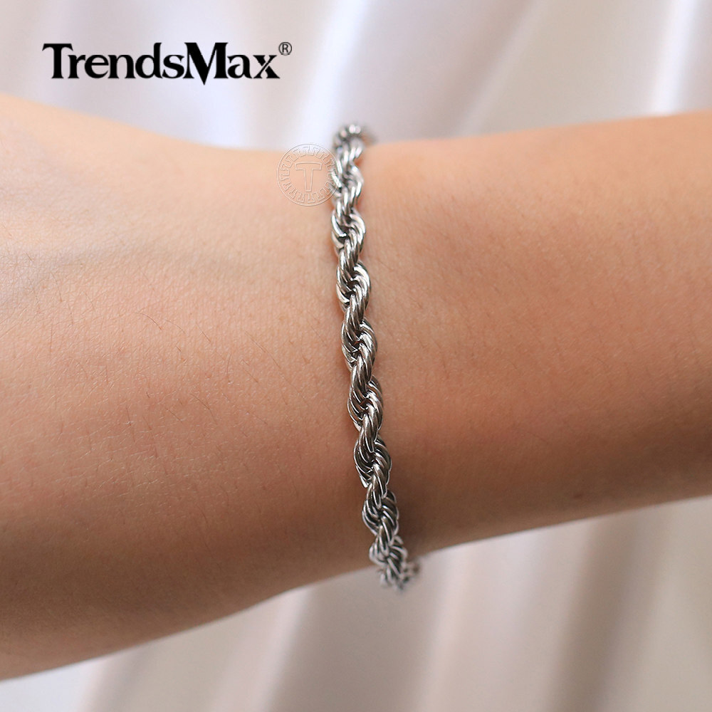 5MM Silver Stainless Steel Twisted Rope Link Chain Bracelet 7+2″ Extra Link