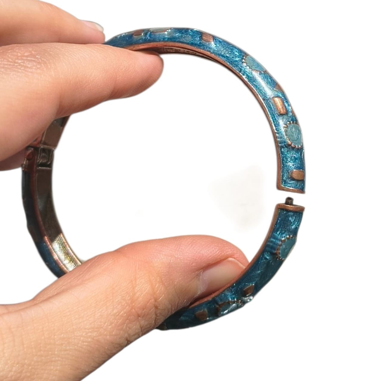Vintage Blue Enamel Bangle Bracelet Copper Tone Hinged Cuff Boho Jewelry
