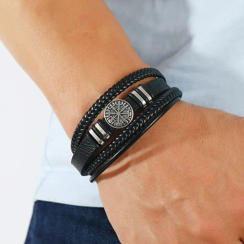 Men Multilayer Compass Braided Leather Stainless Steel Magnetic Bracelet Bangle