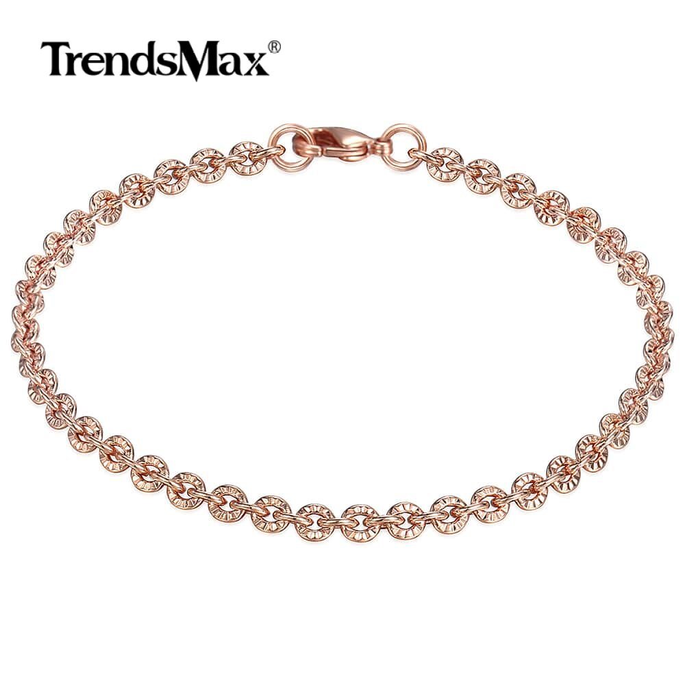3mm 7″ Rose Gold Filled CUT Rolo Round Link Bracelet Womens Ladies Girls Chain