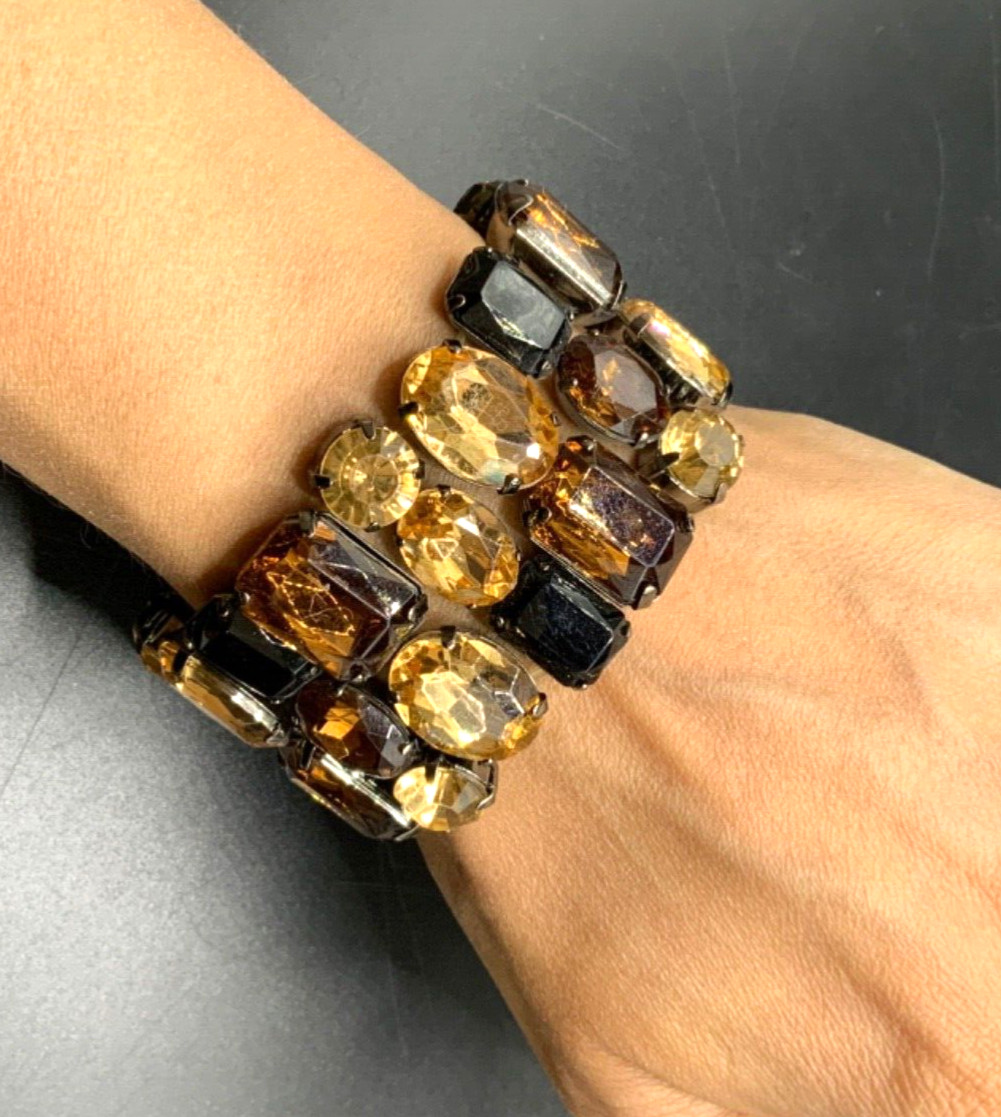 Brown Orange Bracelet Fall Harvest Acrylic Wide Bling Metal Stretch Bracelet
