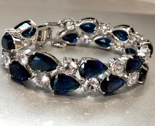 18k White Gold Filled Lab Blue Sapphire & Simulated Diamond Tennis Bracelet 7.5”