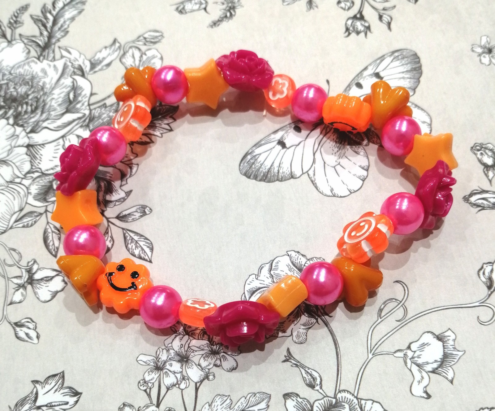 Orange Pink Acrylic Plastic Bead Stacking Bracelet