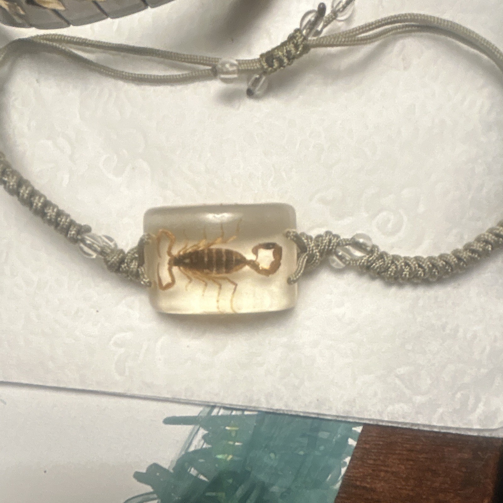 Adjustable Cord Charm Bracelet Clear Resin Rectangle Scorpion